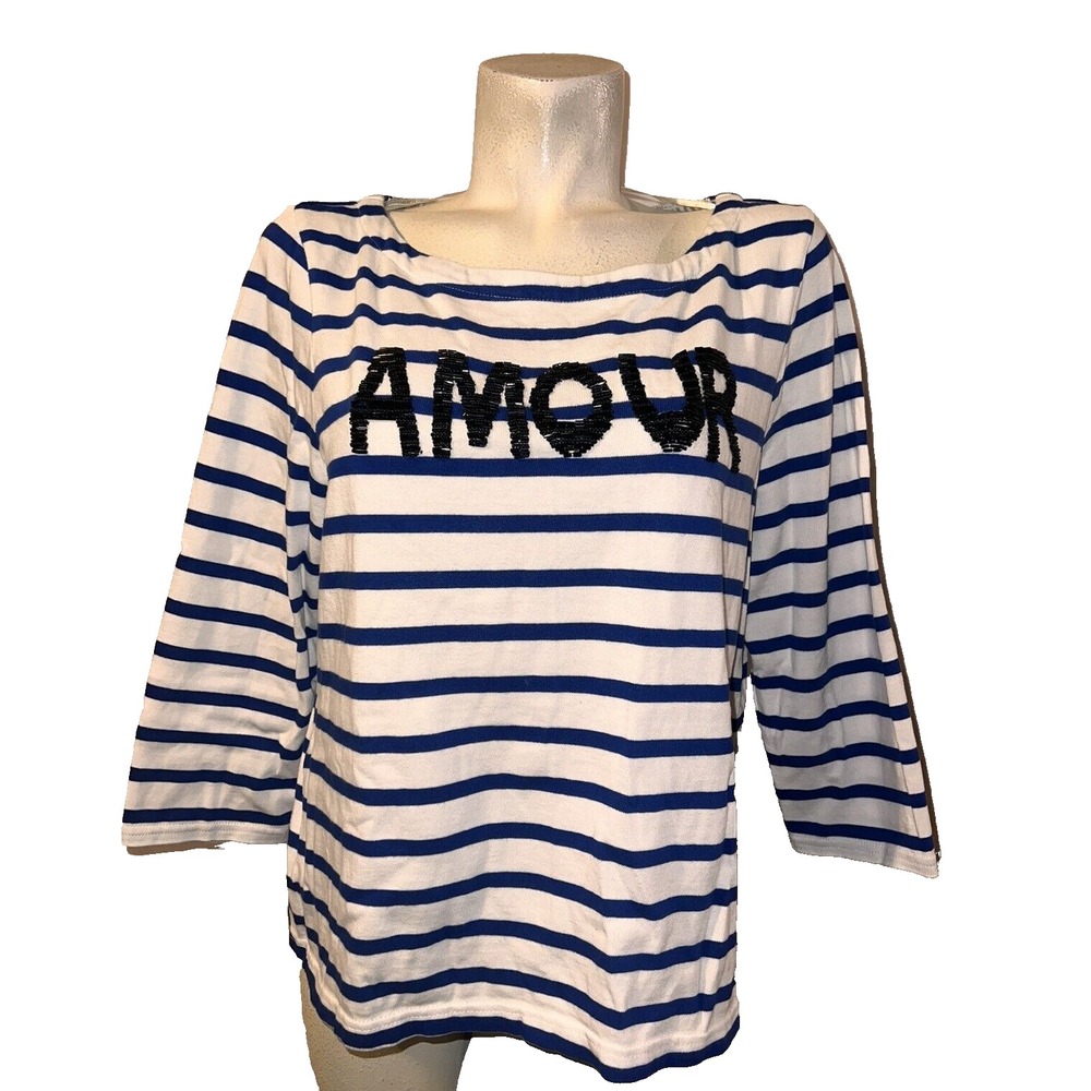 Lord & Taylor Amour Striped Beaded Top Blue White XL 3/4 Sleeve Boat Neck
